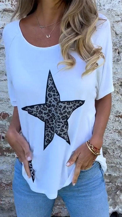 Casual Round Neck Five-pointed Star Print Top white