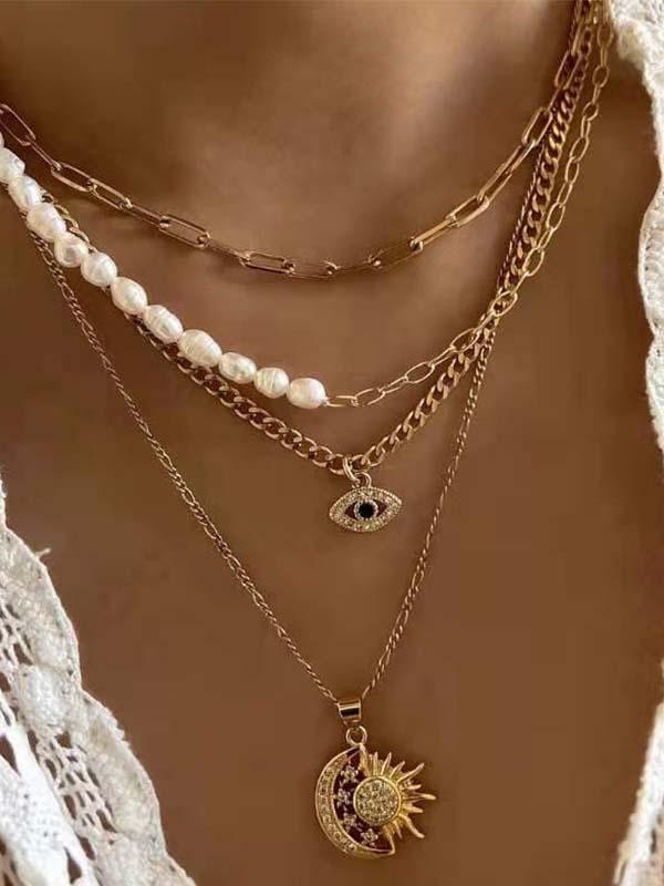 Gold Plated Pearl Eyes Multilayer Necklace Gold one-size