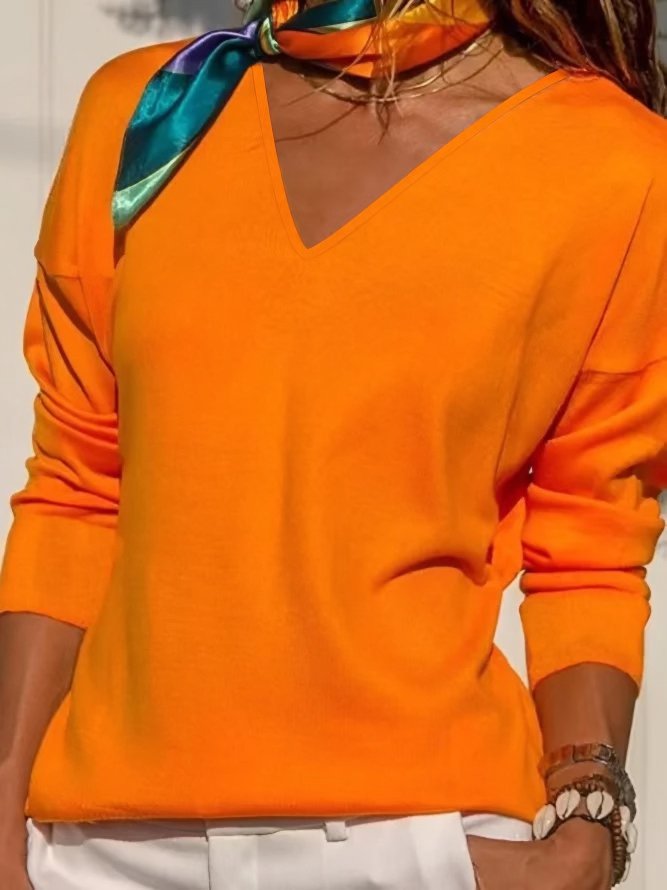 V Neck Plain Autumn Casual Daily Loose T-shirt Orange