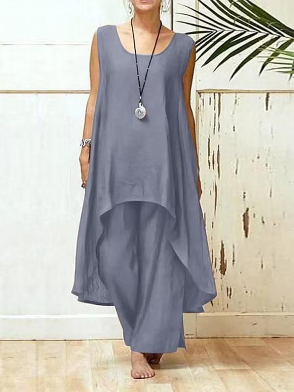 Cotton and Linen Casual Sleeveless Wide-leg Pants Two-piece Set Grey