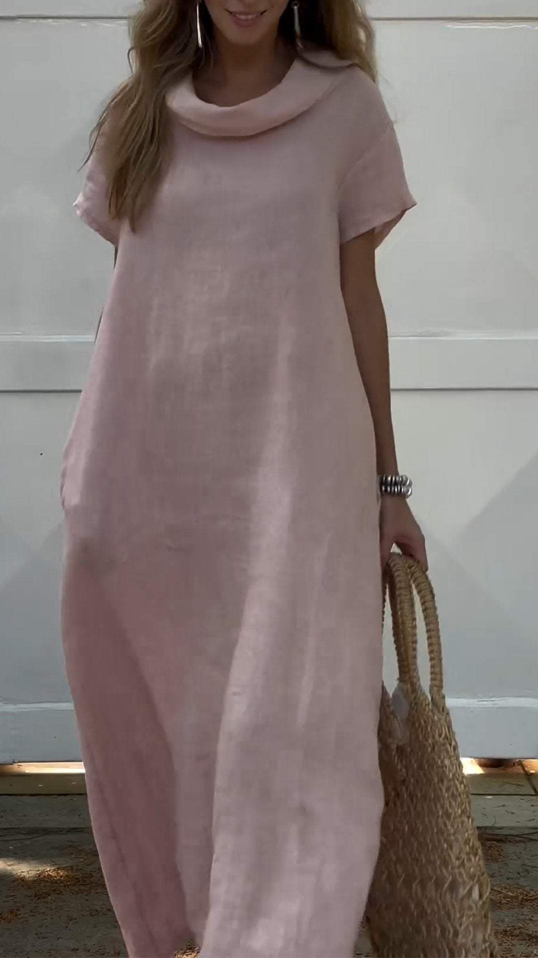 Round Neck Short Sleeve Cotton and Linen Casual Dress pink