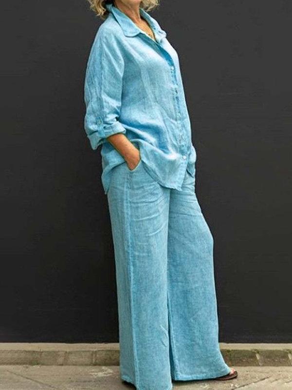 Commuting style shirt top trouser leg pants suit Light Blue