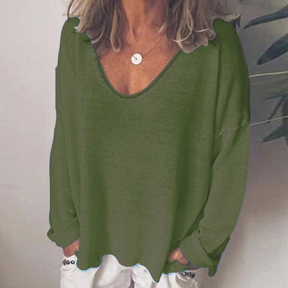 Solid color V-neck long sleeve T-shirt Military green