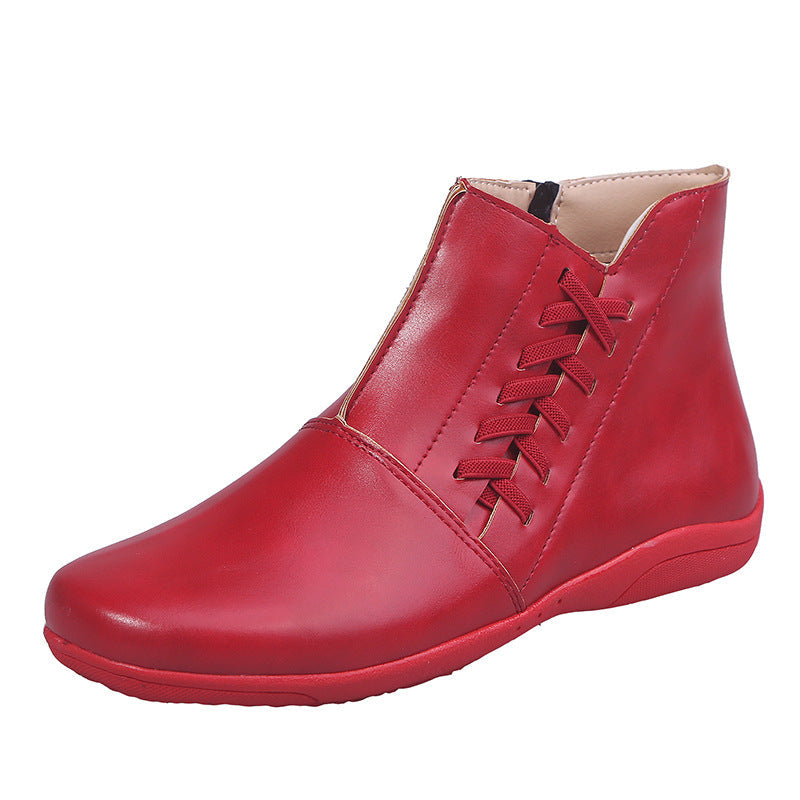 Front lace up plus size casual ankle boots flat single boots Red