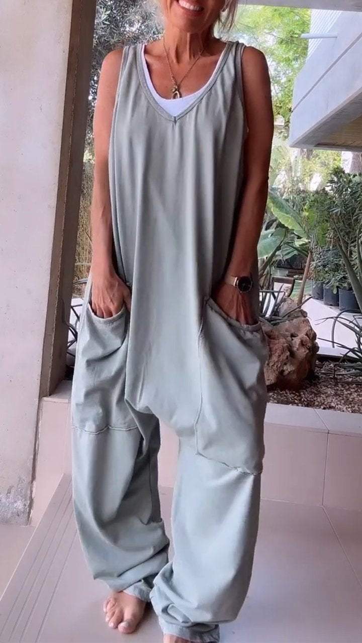 V-neck Sleeveless Casual Jumpsuit green