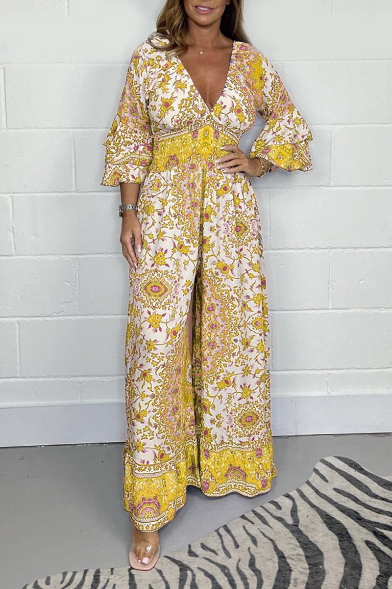 V-neck printed jumpsuit Yellow