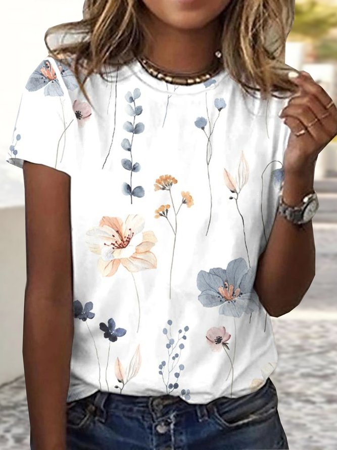 Jersey Loose Floral Casual T-Shirt White