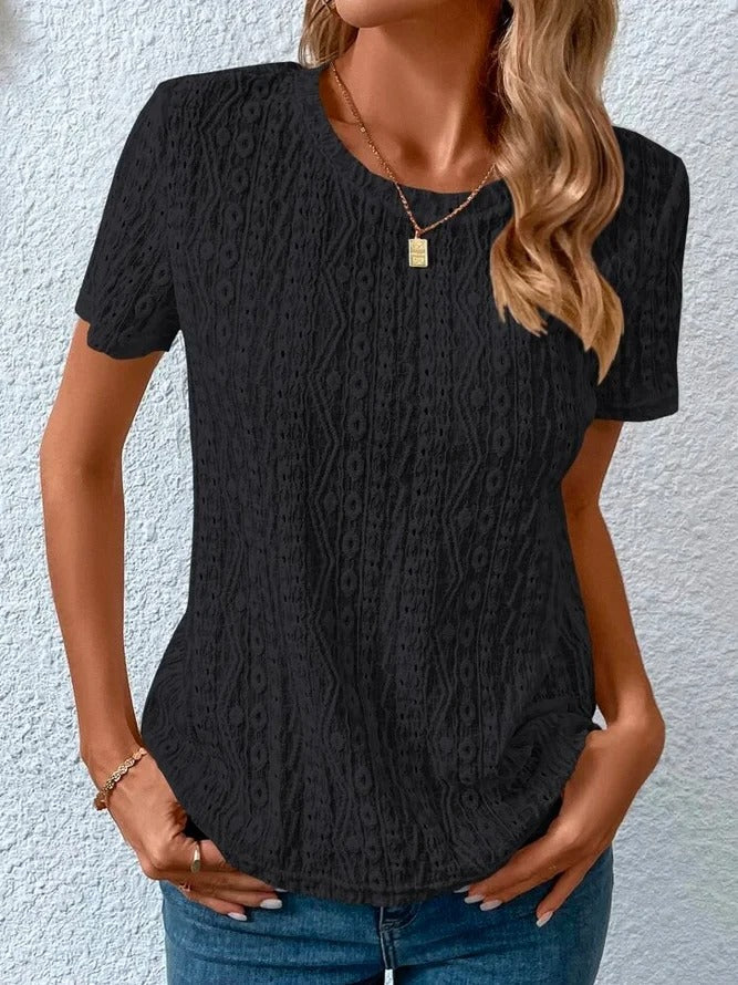 Loose Casual Crew Neck Solid Eyelet Embroidery Round Neck Tee Black