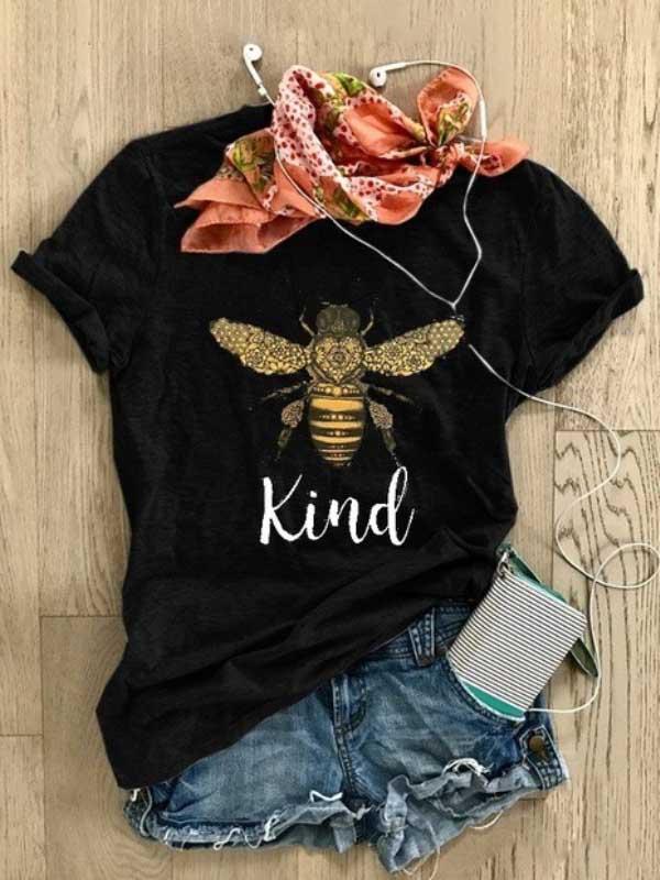 Bee kind English pattern printed casual short-sleeved T-shirt Black