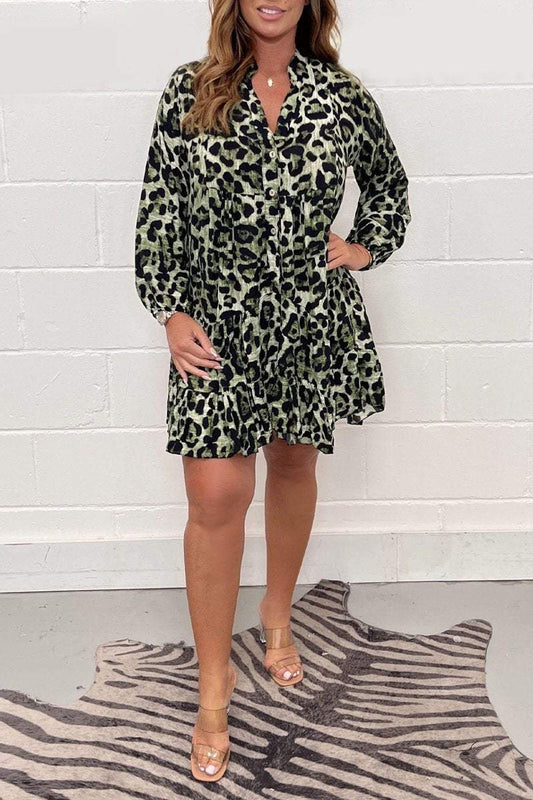 Leopard print V-neck dress Green