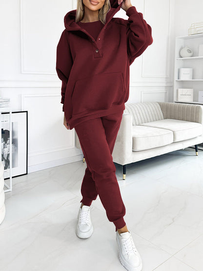 Casual Hooded Sweatshirt Sports Suit Sweatshirt+sweatpants Burgundy