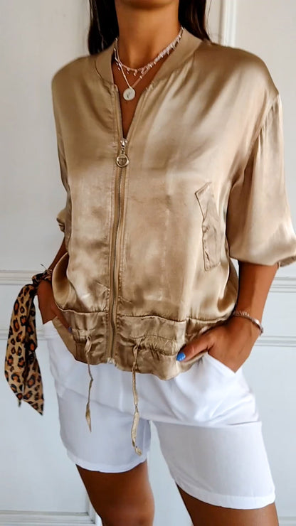 Crew Neck Zipped Satin Cropped Jacket gold