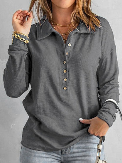 Navy Button Front Long Sleeve Henley Top Grey