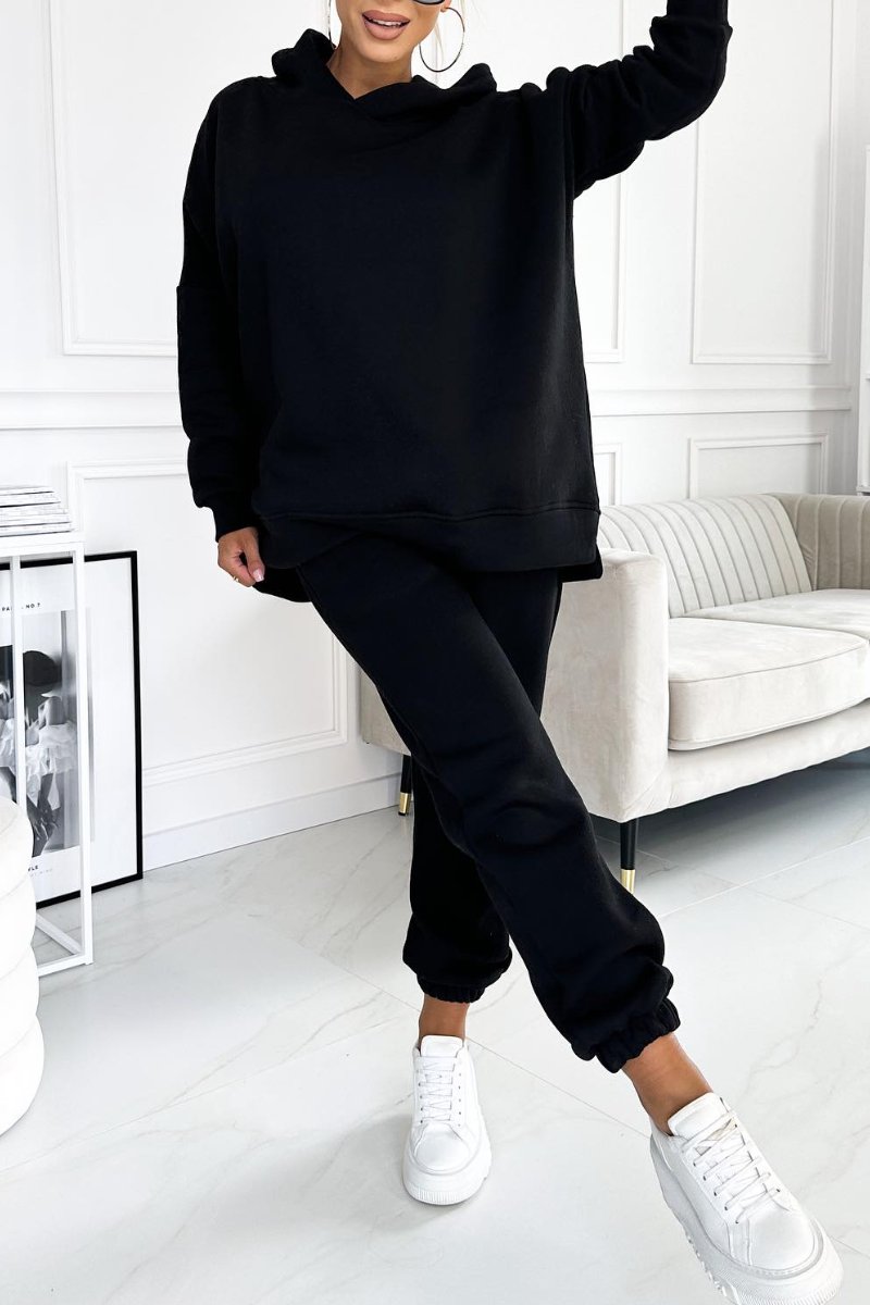 Women's Fashion Solid Color Hoodie and Long Pants Suit Black