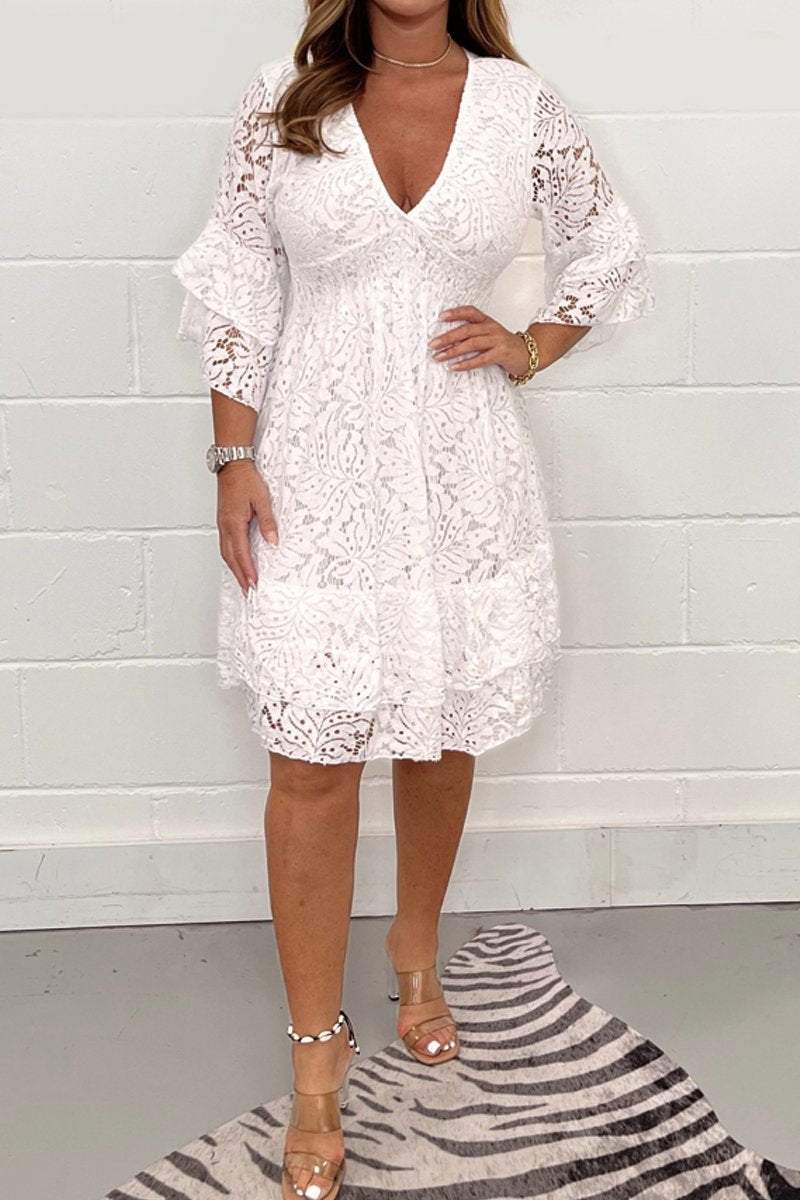 Lace V-neck dress White