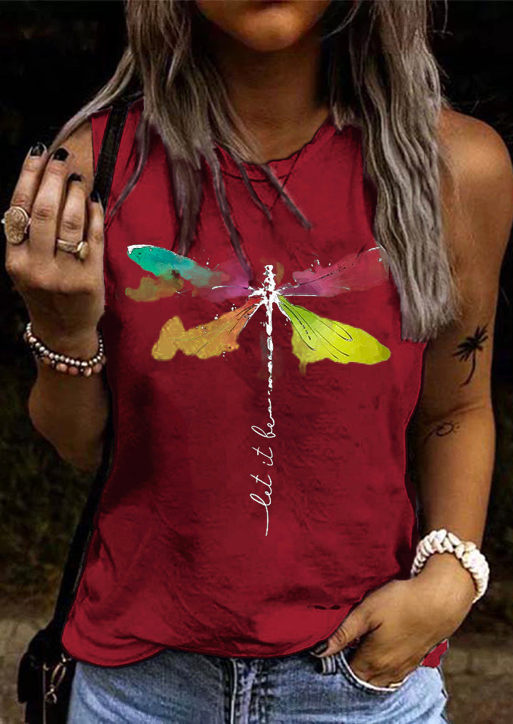 Let It Be Abstract Dragonfly O-Neck Tank Red