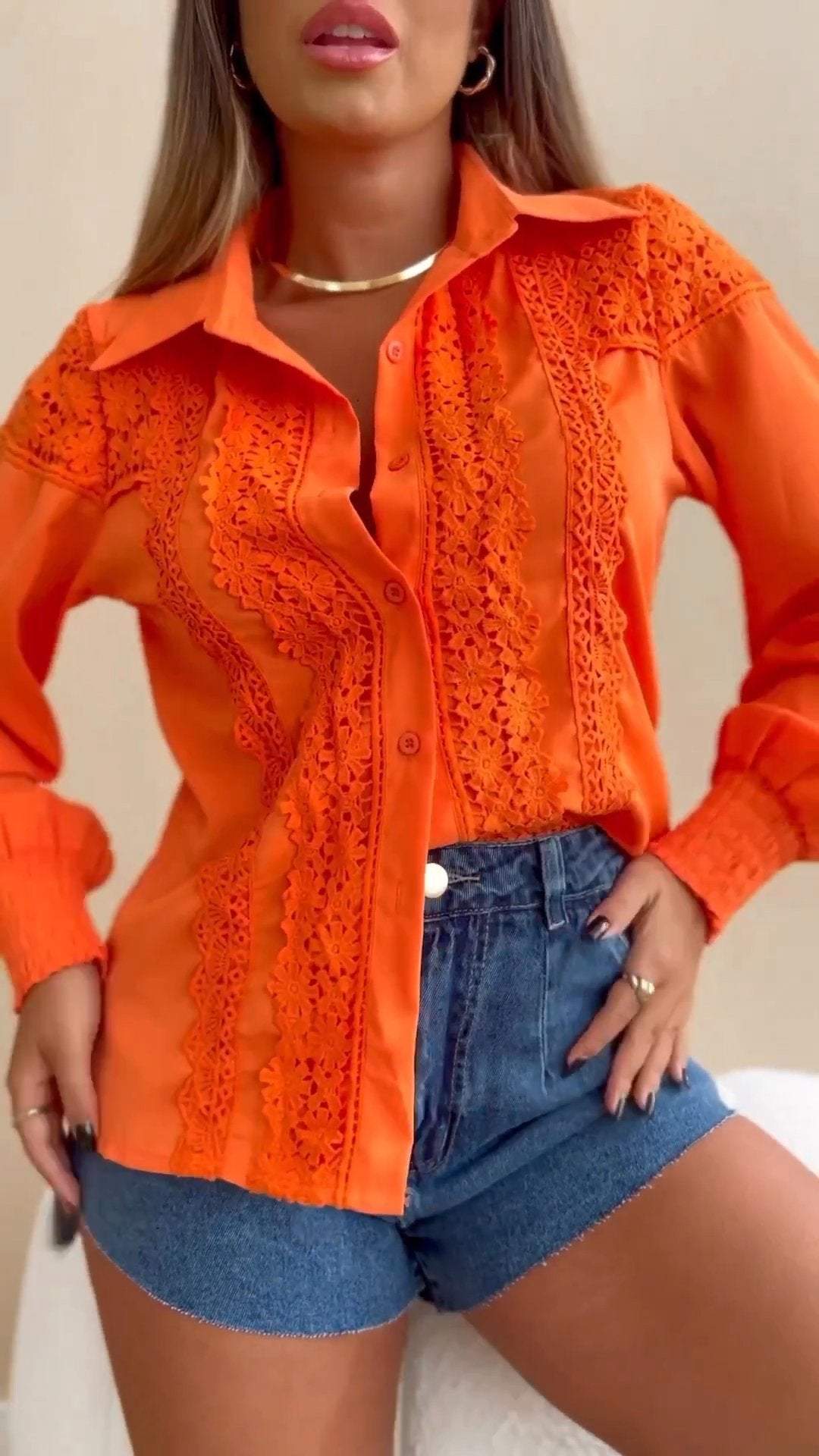 Ladies Lapel Long Sleeve Lace Stitching Shirt