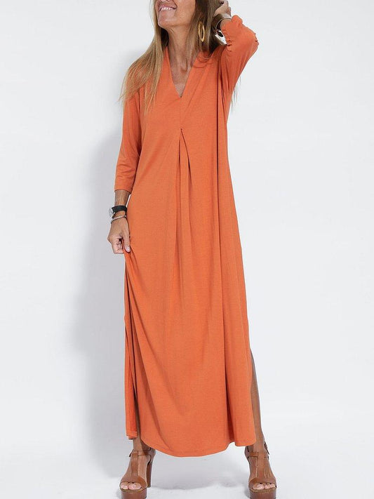 Women's Casual Solid Color V-neck Comfortable Dress Orange