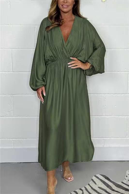 V-neck satin dress Army green