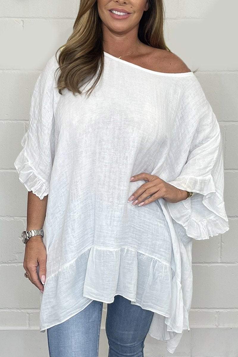 Solid color loose cotton and linen top White