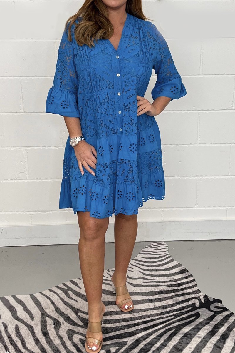 Lace Flare Button Dress Blue