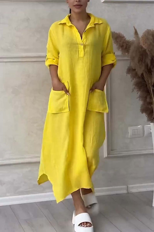 Half button lapel cotton and linen dress Yellow