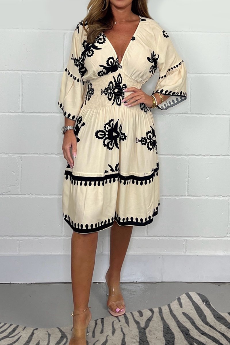 V-neck printed dress Beige