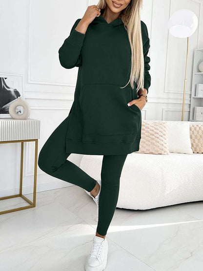 (S-5XL) Plus Size Women's Fashion Solid Color Hoodie and Lined Leggings two-piece set TOP+PANTS Green