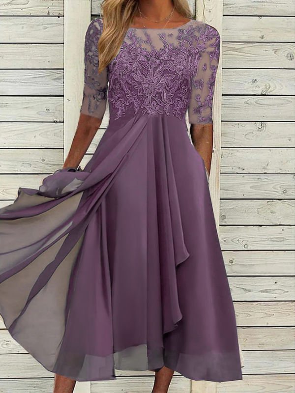 Round Neck Lace Swing Elegant Occasion Formal Wedding Guest Midi Prom Dress Purple