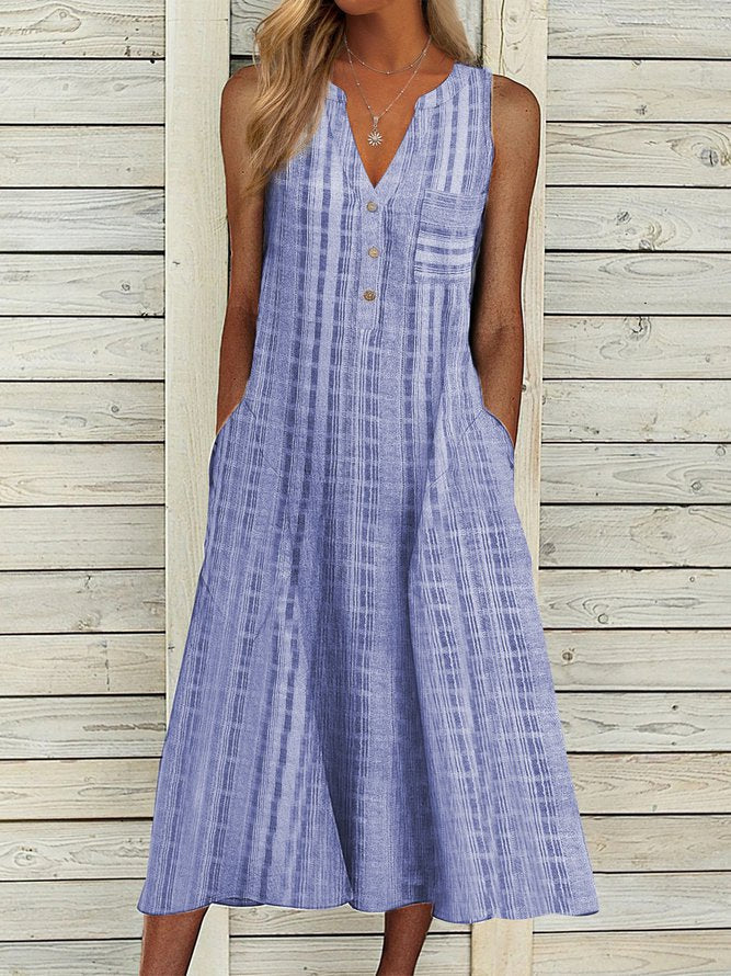 Women Casual Stripes Stand Collar Summer Dress Maxi Dress Blue