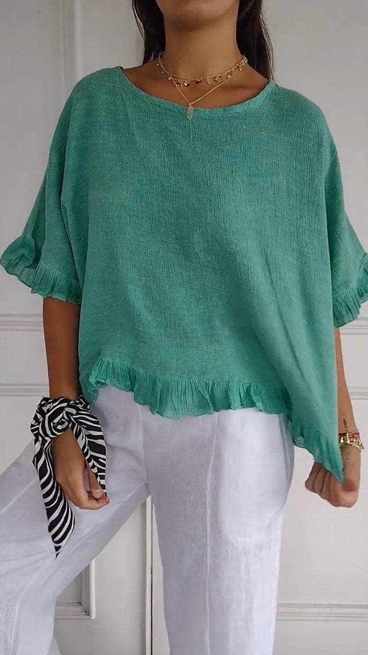 Round Neck Ruffled Hem Mid-sleeve Cotton and Linen Top Green