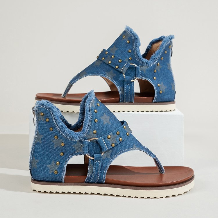 Star Print Studded Fringe Hem Sandals