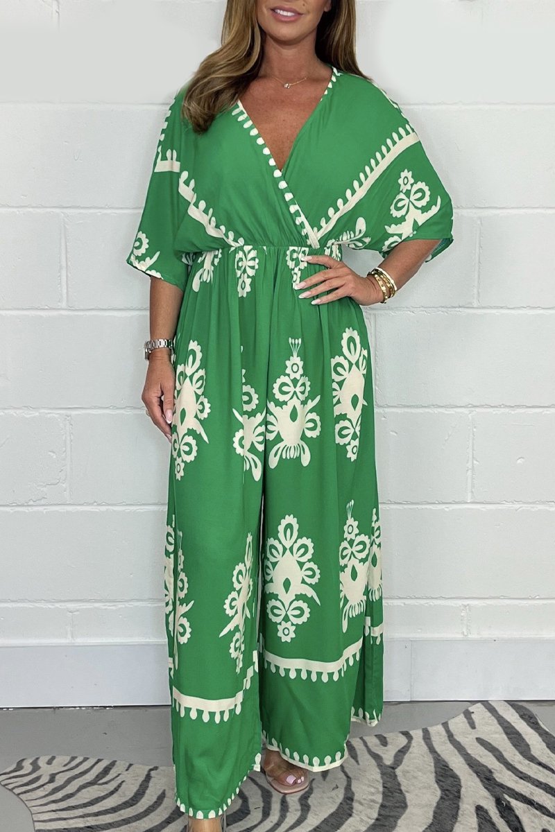 Printed Cross Front Jumpsuit Green