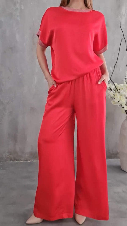 Sequined Web Top Wide Leg Pants Suit red