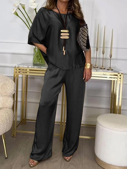 Casual Crew Neck Satin Suit black