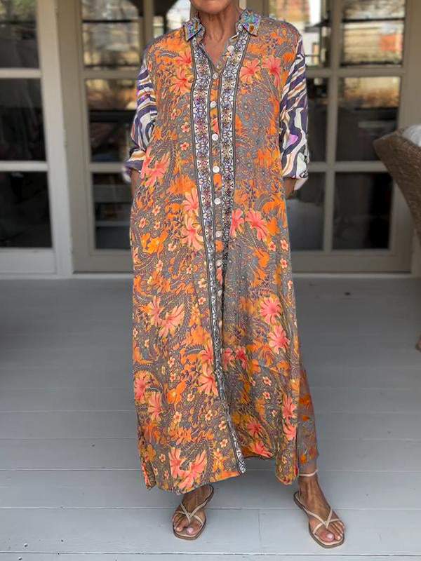 Casual Lapel Loose Printed Dress orange