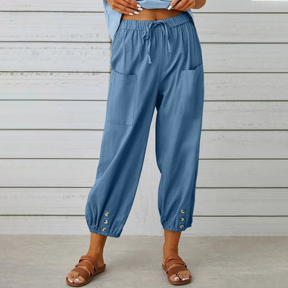 Women's Linen Cotton Pocket Ruffle Casual Pants Wide Leg Pants Blue