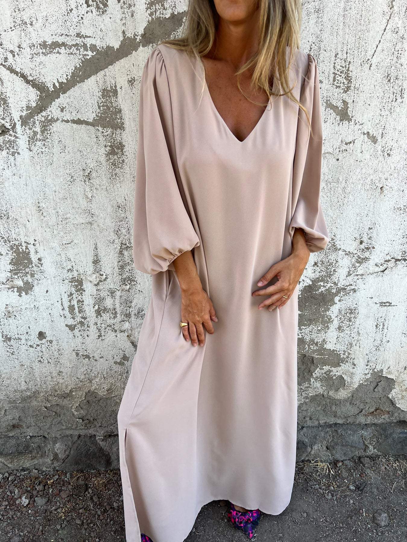 V-neck Long Dress apricot