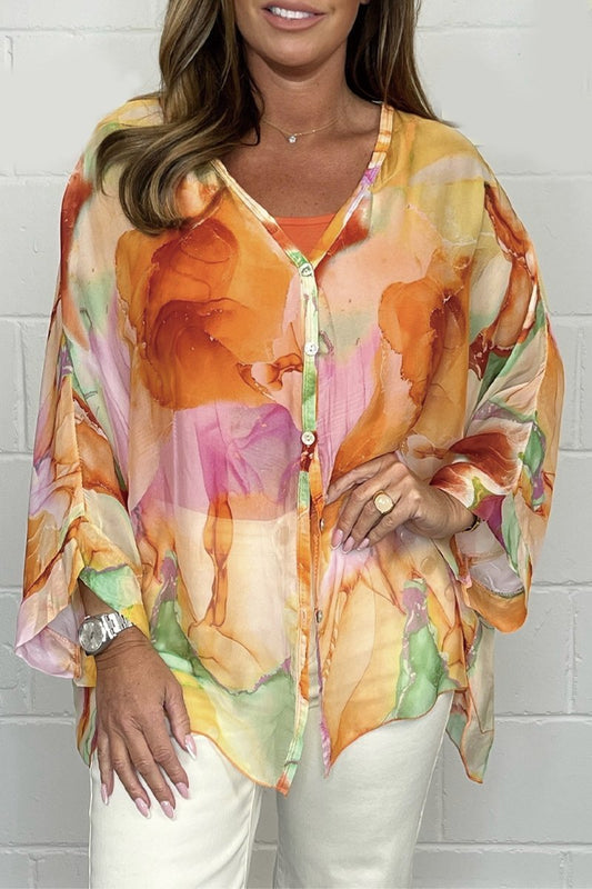 Printed Chiffon Shirt Orange and Pink