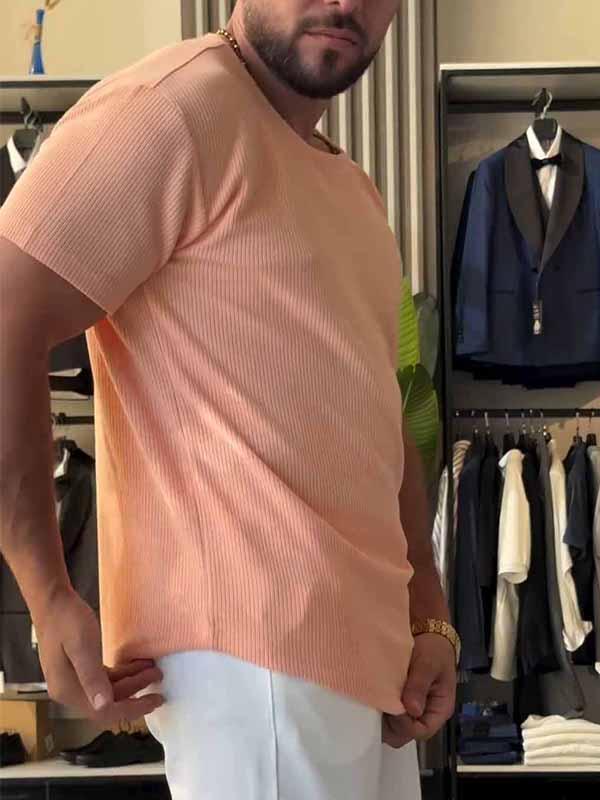 Men's Round Neck Solid Color Ribbed Short Sleeve Top