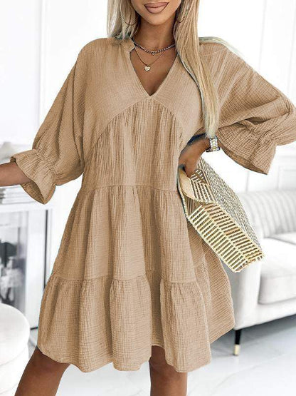 V-neck Solid Color Patchwork Loose Dress khaki