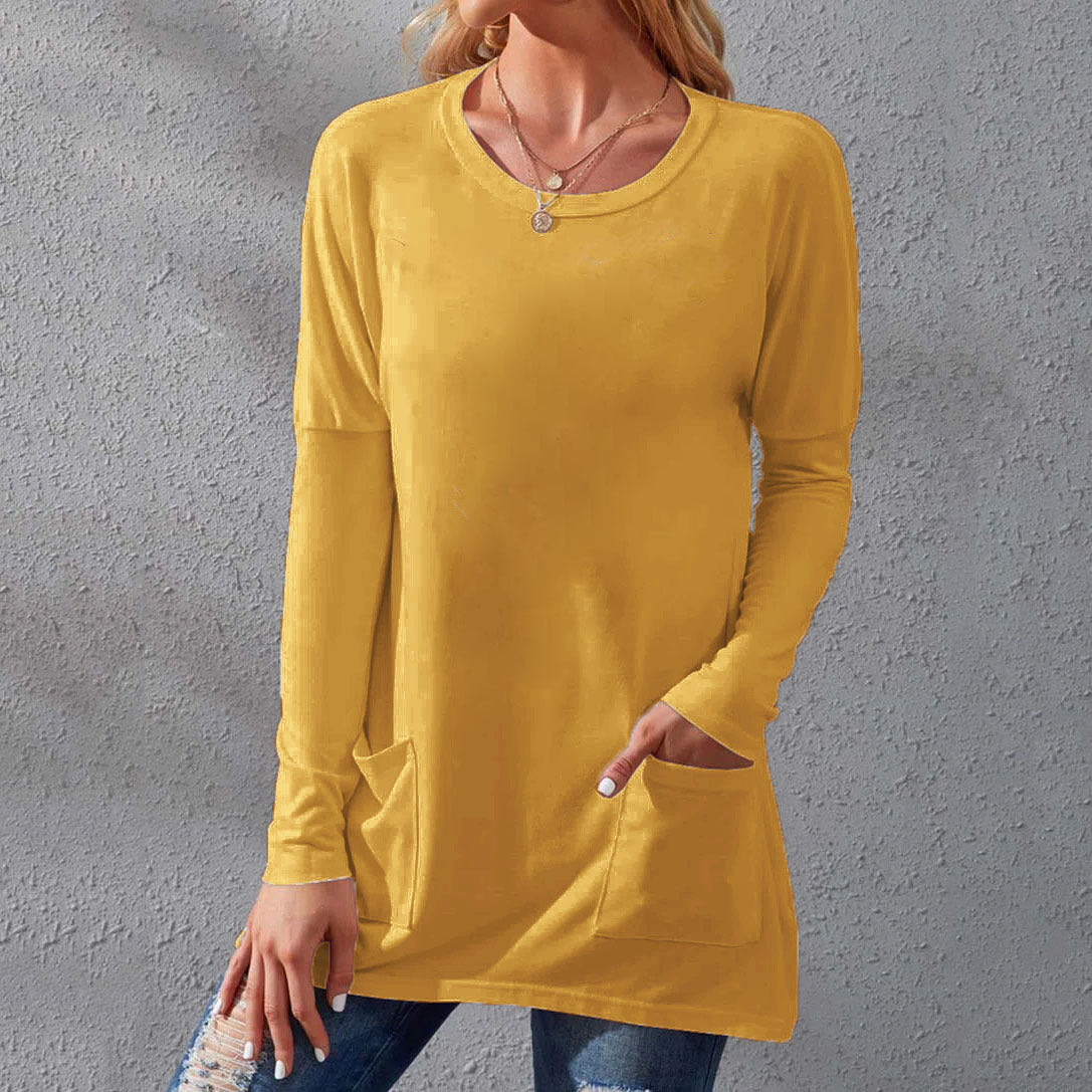 Round neck long sleeves loose pockets solid color T-shirt Orange