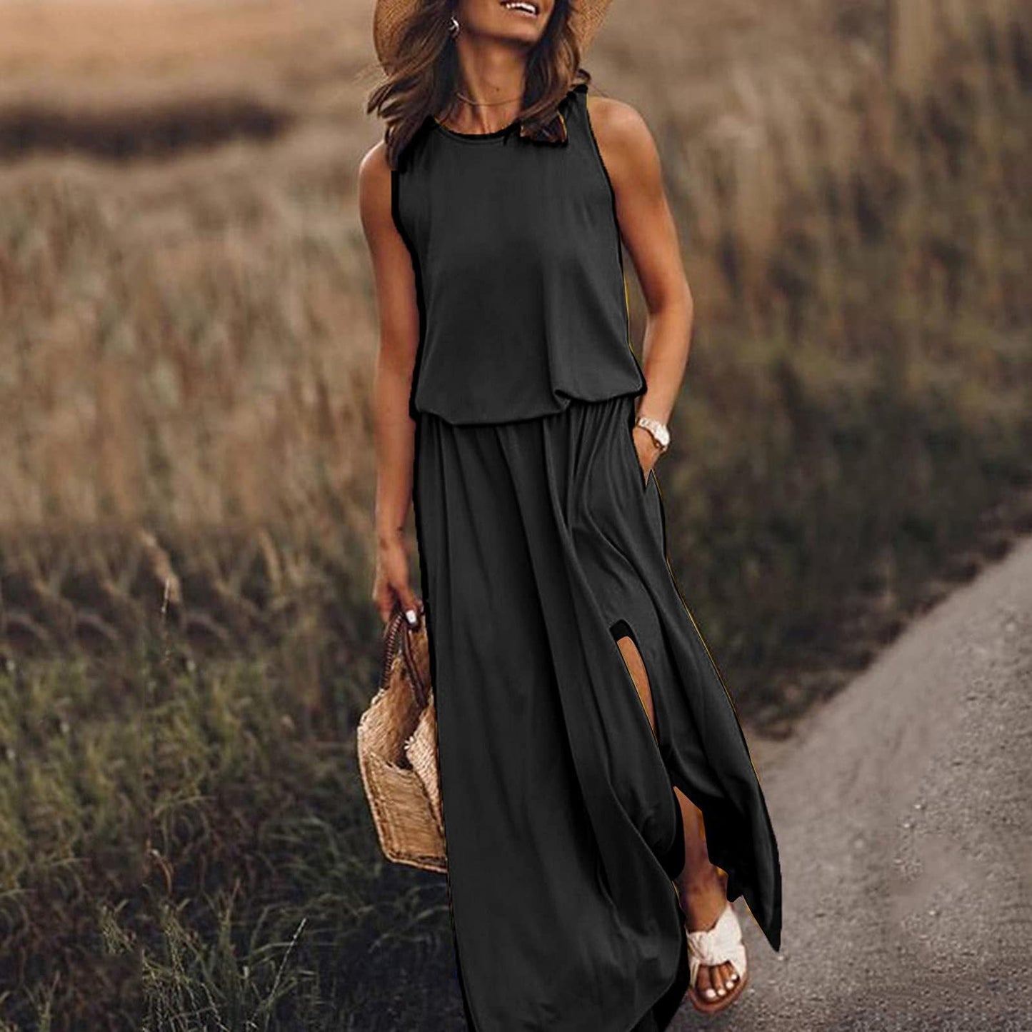 Women Vintage Boho Sleeveless Round Neck Solid Maxi Weaving Dress Black