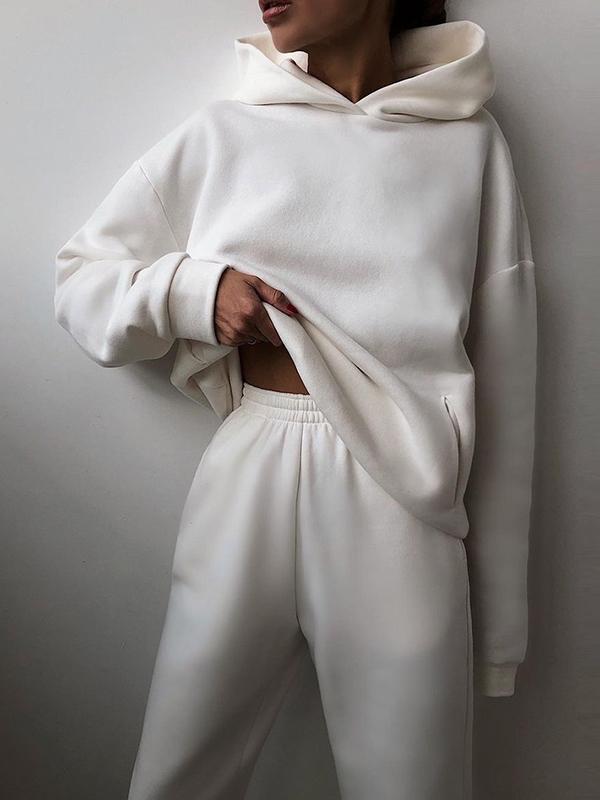 Casual fashion thickened long-sleeved sweatshirt and trousers two-piece set for women White