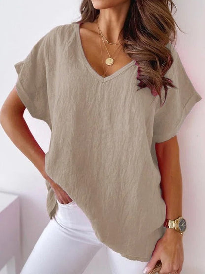 V Neck Casual Plain Summer Loose Short Sleeve White Linen Top khahi