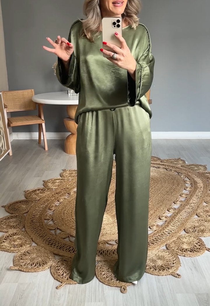 Satin Crew Neck Long Sleeve Two-piece Suit