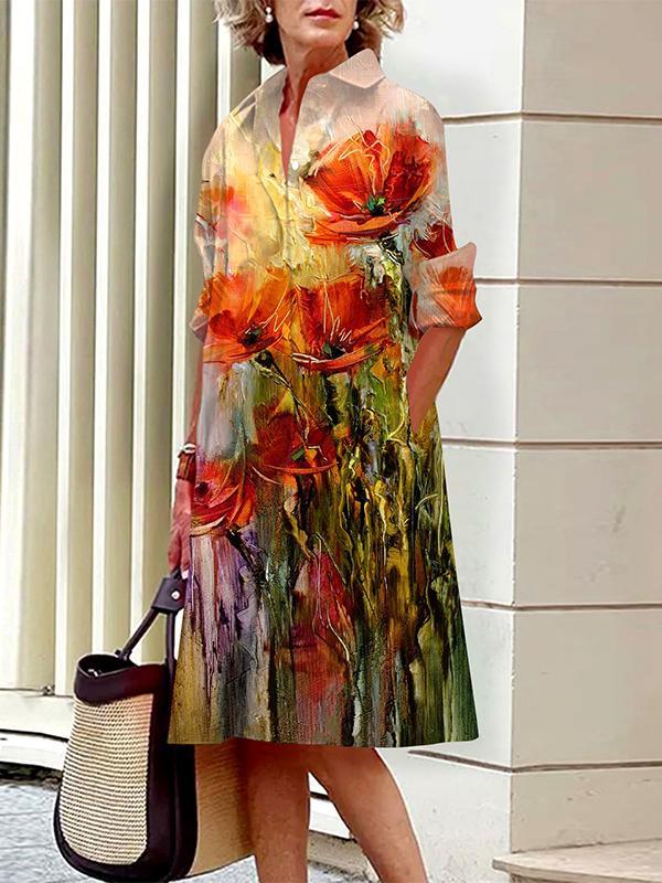 Casual Lapel Colorful Print Dress orange