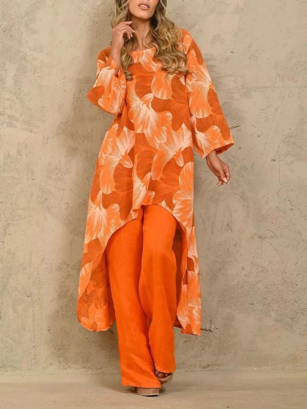 Printed long sleeve jumper irregular two-piece set Orange-red