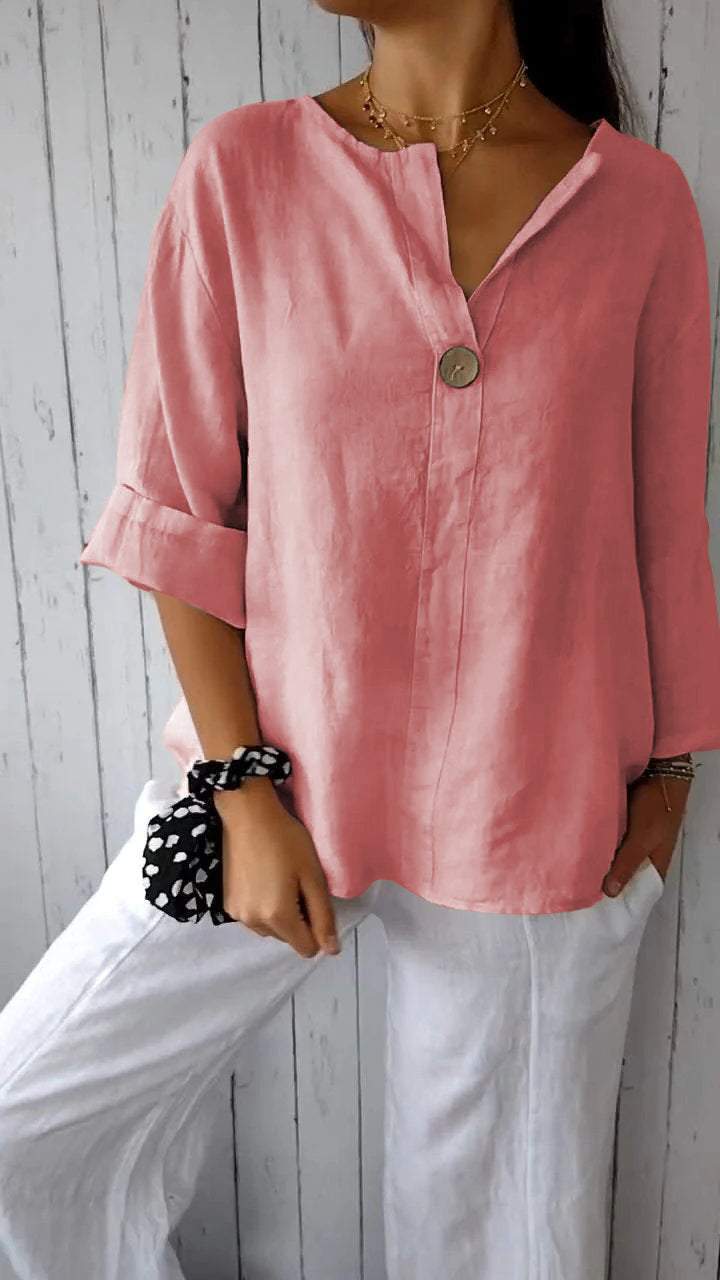 V-neck Mid-sleeve Cotton and Linen Top pink