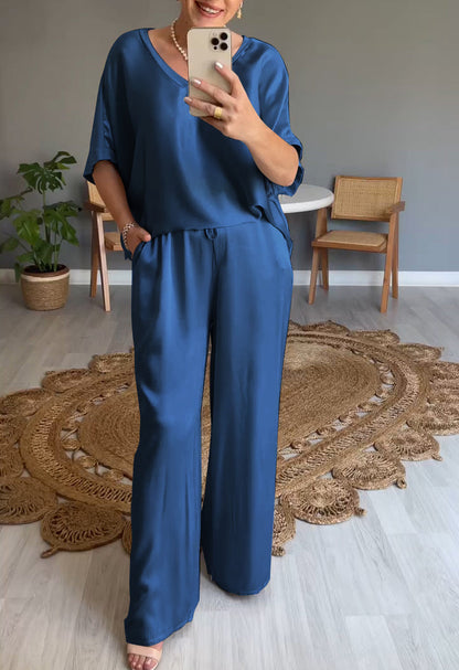 V-neck Satin Two-piece Suit dark blue